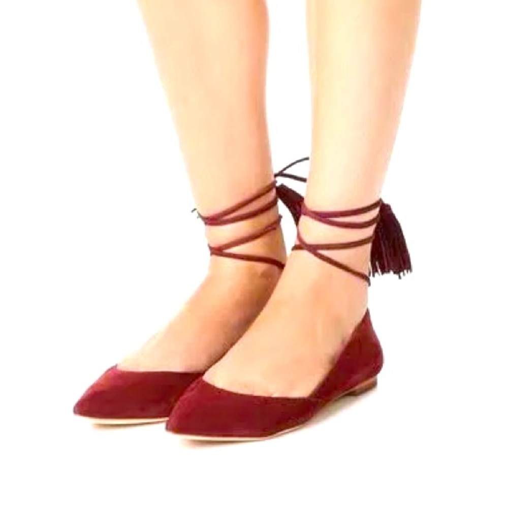 Blood Red Fairycore Pointed Toe Ballet Flat with Ankle Wrap Strap Size 6.5
